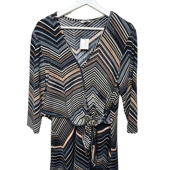 Cato Dress Womens Large Flare Brown Blue Chevron Striped V Neck Work Fall Casual - Picture 2 of 11